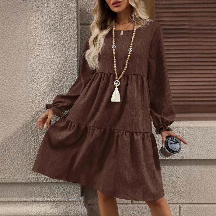 Autumn and winter women's clothing, fashionable and casual solid color long-sleeved crew neck loose dress