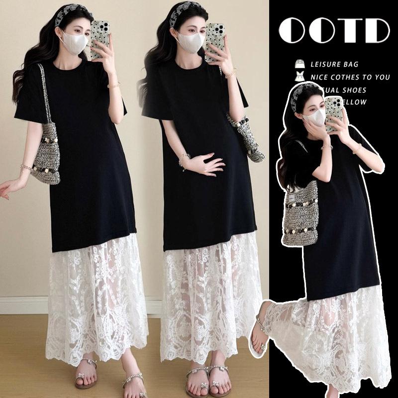 2026 Spring/Summer Lace Patchwork Loose Round Neck Maternity T-shirt Dress 2XL