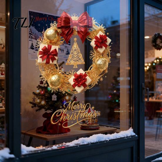 Seasonal Storefront Display Christmas Wreath Static Window Sticker, Decorative Decals for Glass Doors And Windows, Reusable Stickers Removable