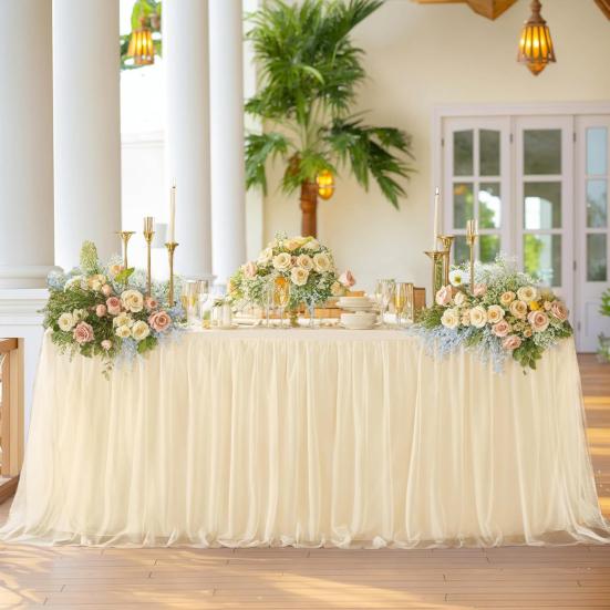 Tulle Table Skirt for Rectangular Tables 4/6/9ft Wrinkle Free Table Cloth with Tutu Skirt Reusable Tablecloth for Wedding Bridal Shower Birthday Party