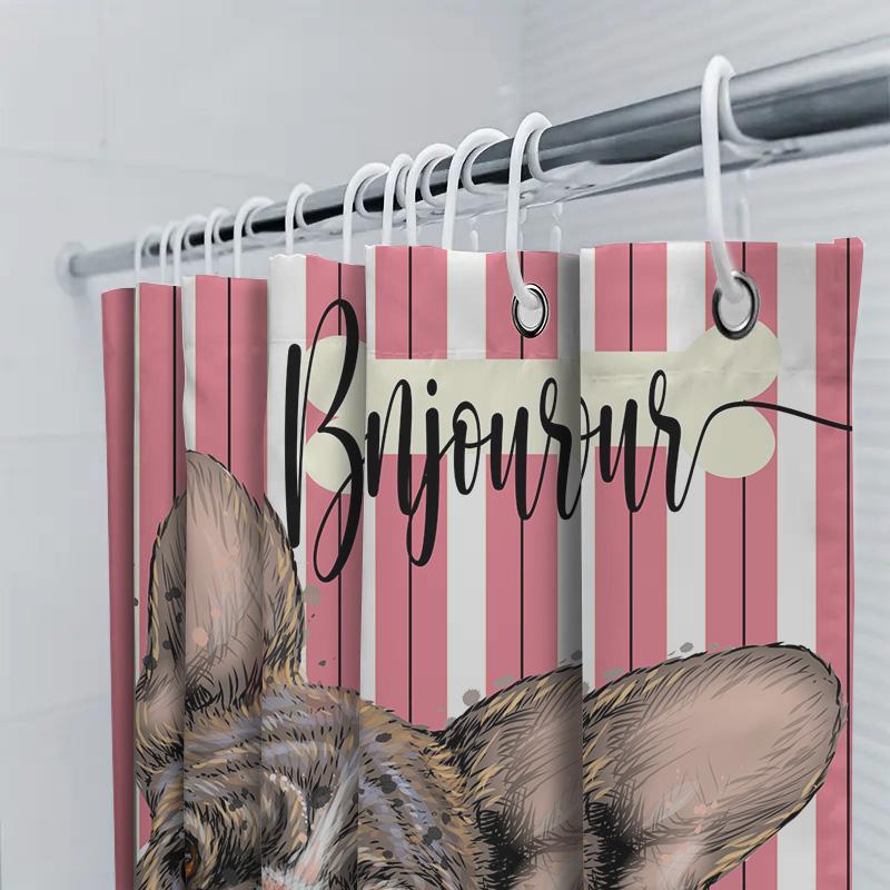 Hallo Französische Bulldogge Rosa Gestreifter Duschvorhang Für Badezimmerdekor Personalisierbare Größe Verfügbar