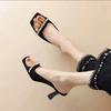 Fashion open-toed beautiful cool slippers women's wear 2025 summer new rhinestone square head small fragrant wind one-word cool slippers