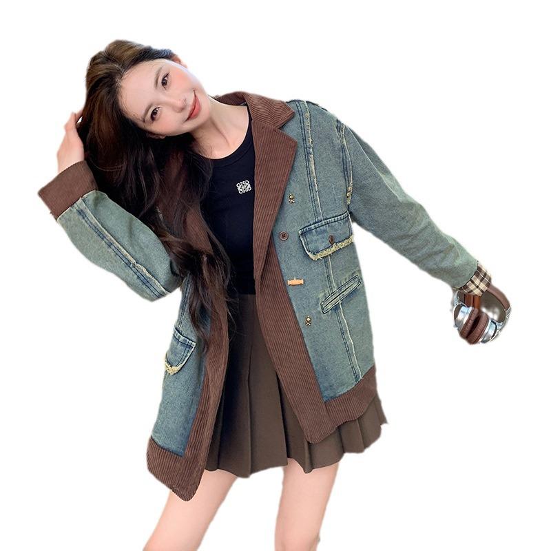 2024 Damen Trendige Herbst Patchwork Anzugkragen Jeansjacke