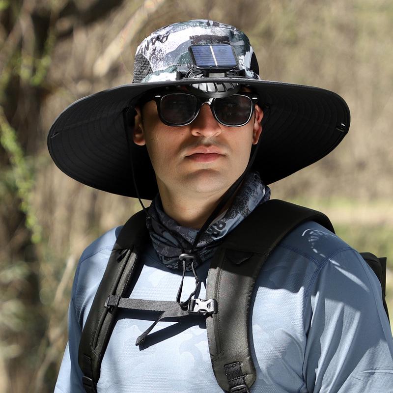 Men's Large Solar-Powered Rechargeable Fan Hat, Summer Sun Protection for Outdoor, Hiking, Mountaineering, and Fishing.