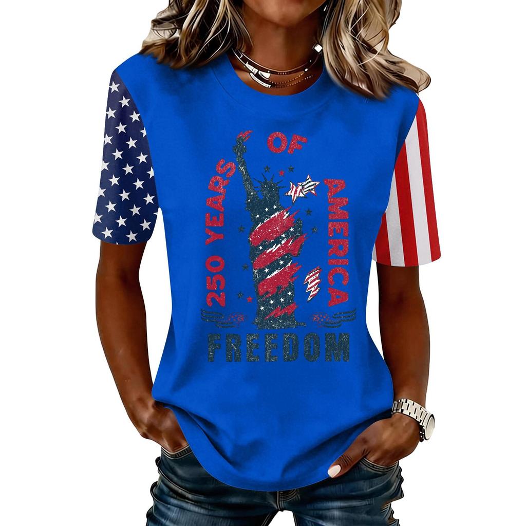 Blusa Feminina da Moda Casual de Manga Curta com Estampa e Gola Redonda