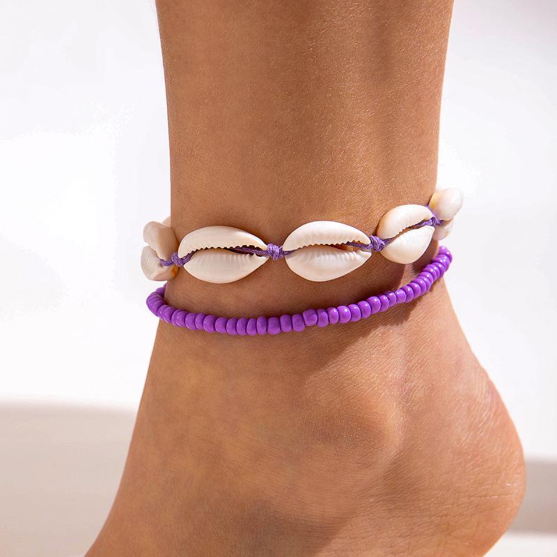 Ocean beach resort wind rice beads two-piece set simple contrasting color shell hand-woven anklet