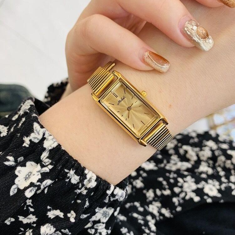 Women'S Watch Bamboo Strap Trend Watch Gold Ladies Watch Small Disc Gold Watch Square Watch