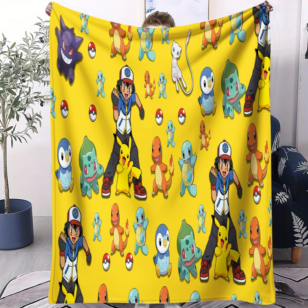 Cute Pokemon Pikachu AllOver Printed Flannel Throw Blanket Gift Winter Warm Blanket for Living Room Sofa Bed Camping Trip
