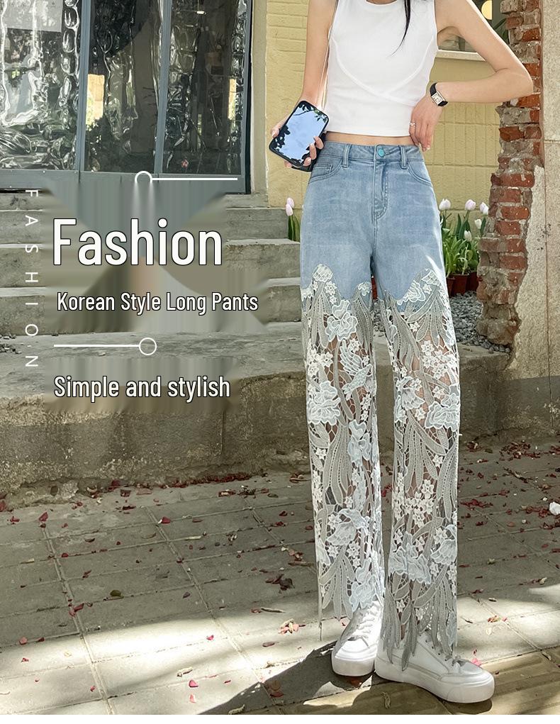 Women's Retro Lace Patchwork Straight-Leg Jeans - Slimming, Casual, Cross-Border Design Style.