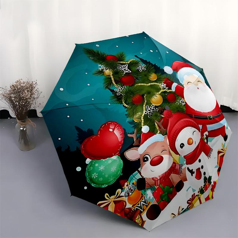 1pc Christmas Santa Claus Snowman Deer Balloons Presents Lanterns Automatic Folding Umbrella, Portable 3-Fold Design, 8 Bone Iron Frame, Outdoor Umbre