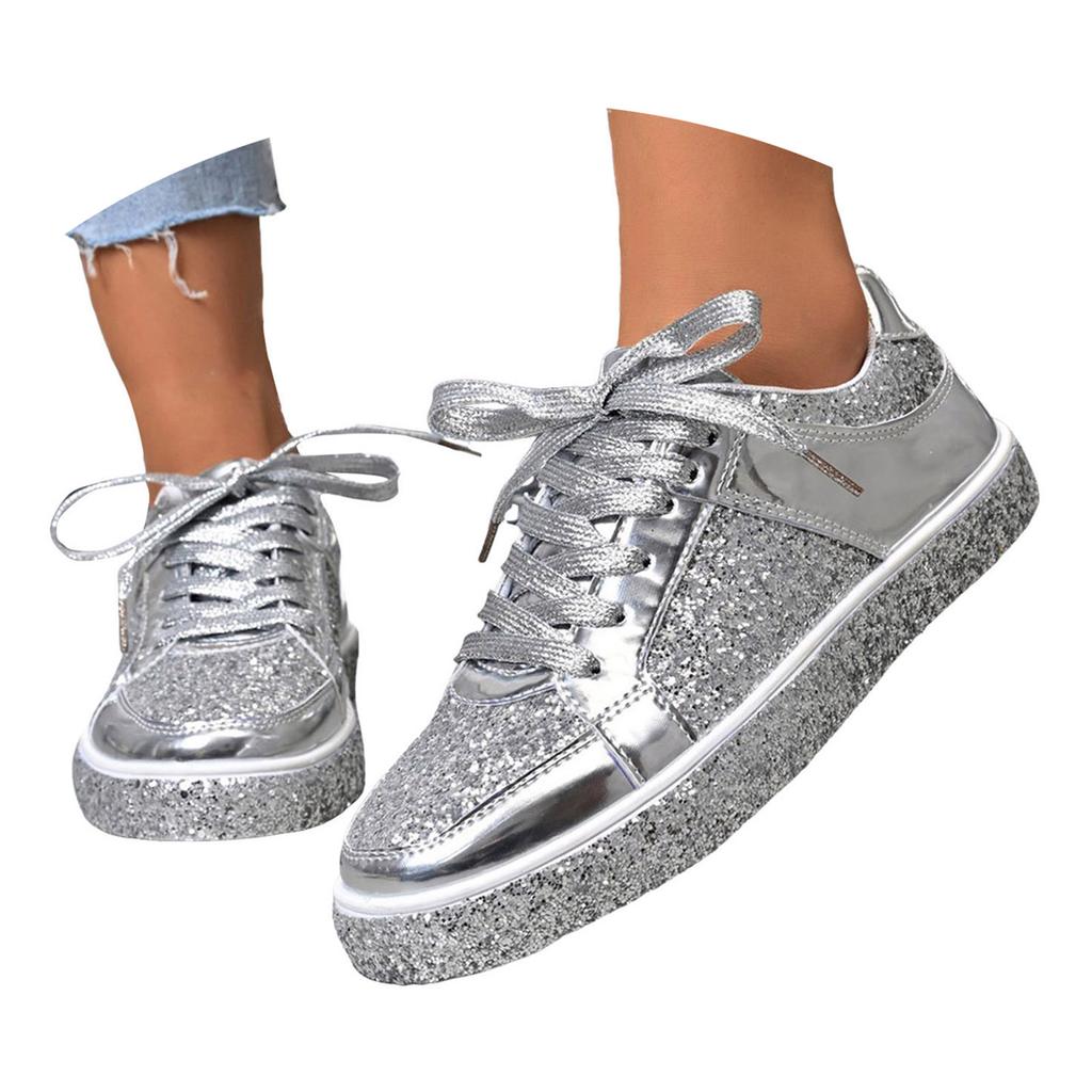 Women's Trendy Casual Thick Soled Sneakers Bright Fashionable Women's Shoes Low Top Lace Up Sports Flat Women's Dress Shoes Flat