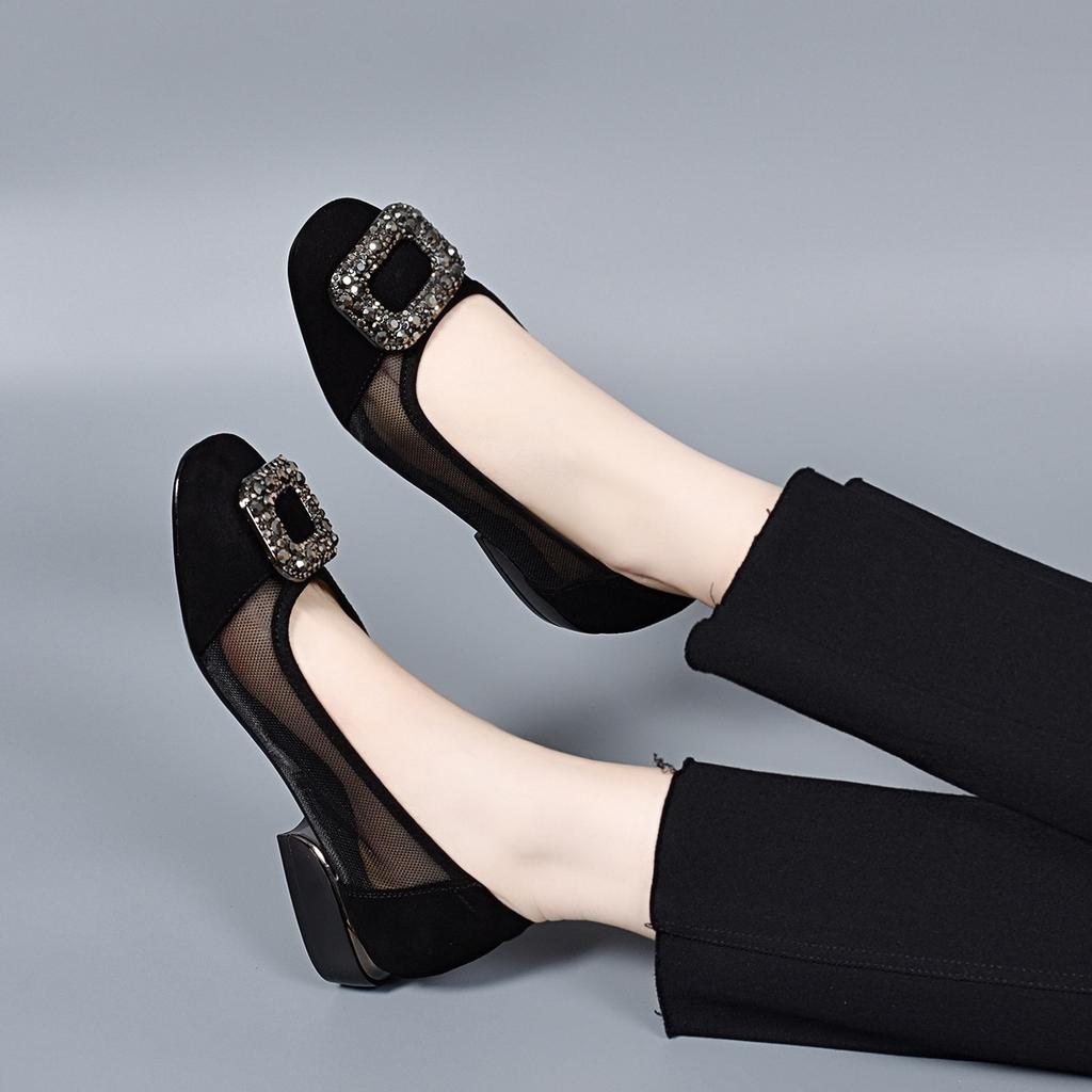 Mesh Einzelne Schuhe Damen Rundkopf Schwarz Eckige Schnalle Strass Ein Pedal Mesh Schuhe Bequeme Flachmünder Flache Schuhe