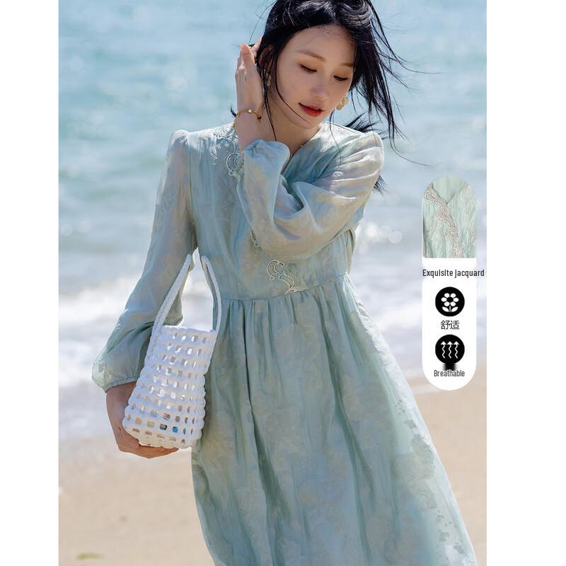 

Demana Elegant Jacquard V-Neck A-Line Midi Dress with Lace M