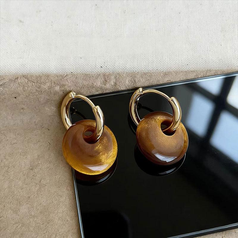 Vintage Maillard Imitation Tiger'S Eye Stone Smudge Round Personalized Simple Earrings Light Luxury High-End Ear Buckles Fashion Earrings