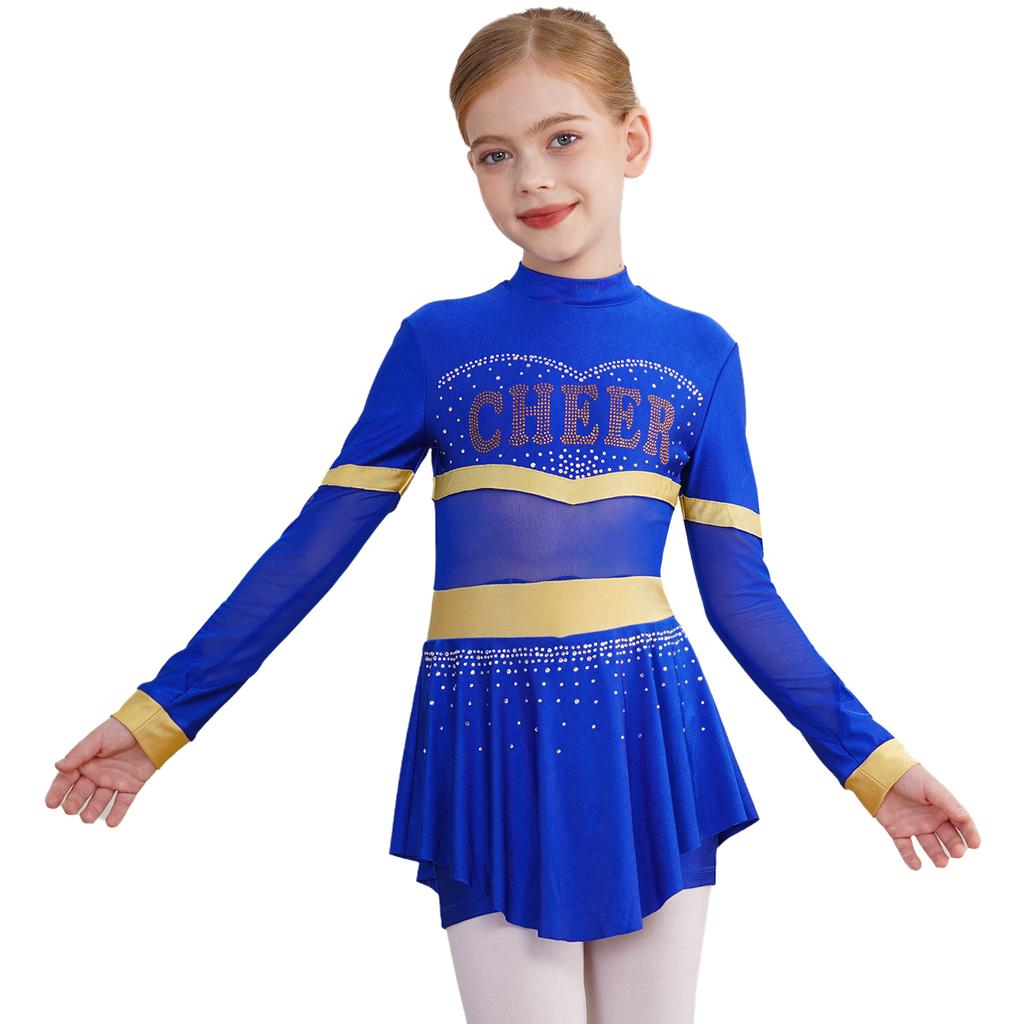 Girls One Piece Cheerleader Costume Long Sleeve Mesh Patchwork Shiny Diamonds Cheerleading Bodysuit