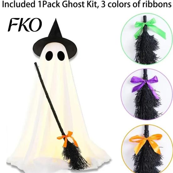 Witch Ghost Decoration Halloween Light-Up Decoration, Spooky Hat Ornament with LED Yard Light, Broom Decor for Outdoor Lawn Porch Holiday Party Large
