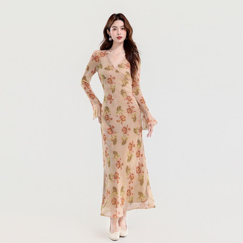 

French Retro Autumn Floral Bell Sleeve Dress Large оранжевый/цветочный