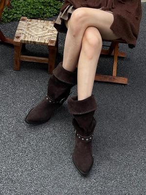 Pile Up Boots New 2026 Winter Maillard Western Cowboy Boots Thick Heel Pointed Short Boots for Women