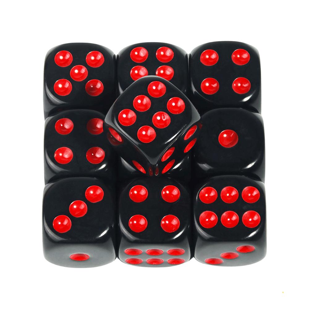 Set di 10 dadi neri rotondi da 16 mm in acrilico a 6 facce con pallini colorati per giochi da tavolo