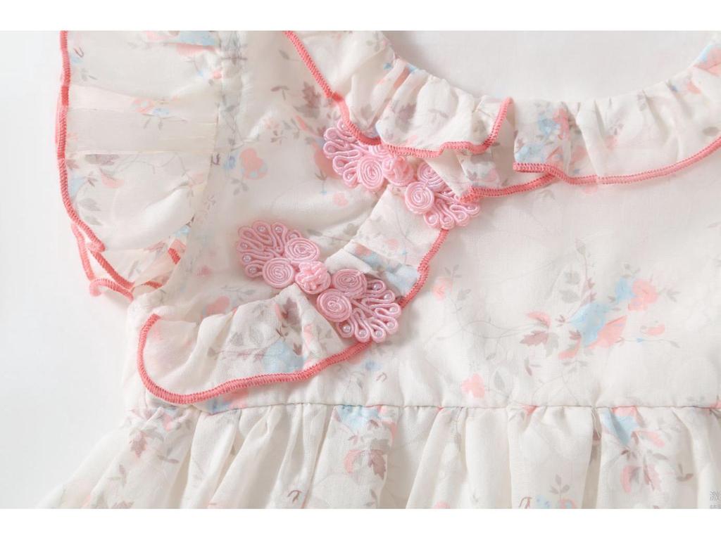 Baby Girl Floral Hanfu Jumpsuit Cheongsam Romper - Short Sleeve Snap Crotch