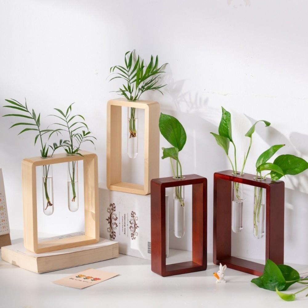 Wooden Hydroponic Flower Vase Home Decoration Flower Holder Glass Tube Vase  Living Room