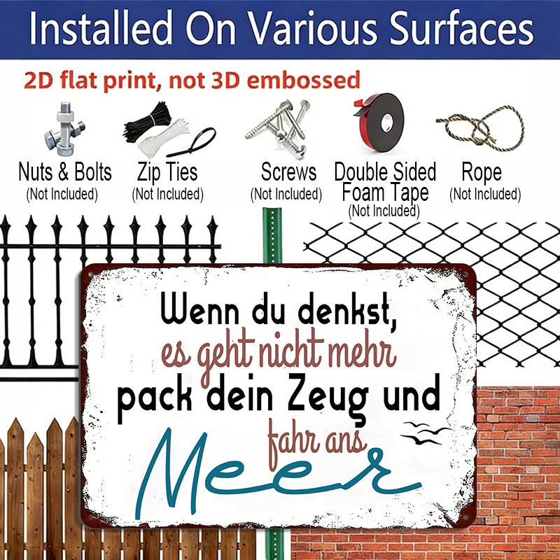 2D Flat, 1pc "Pack Your Stuff & Go To The Sea" Aluminium Sign 8x12 Inch - German Coastal Quote, Beach Themed Design, Inspirational Metal Wall Decor