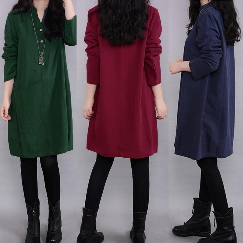 Timeless Vintage Women Long Sleeve Pullover V Neck Tunic Dress For Casual Elegance