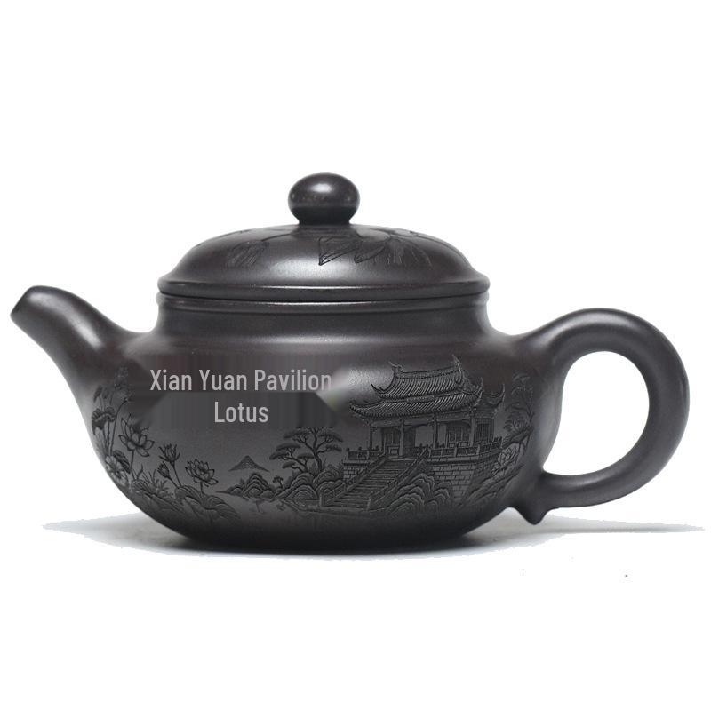 Cipher Lotus Pavilion Yixing Hundred-Eye Purple Clay Teapot and Tea Set - Handmade Antique Style