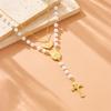 Gold Plated Double Layer Rosary Style Necklace with Cross, Virgin Mary and Angel Charms and Pearls Fashion Jewelry for Women
