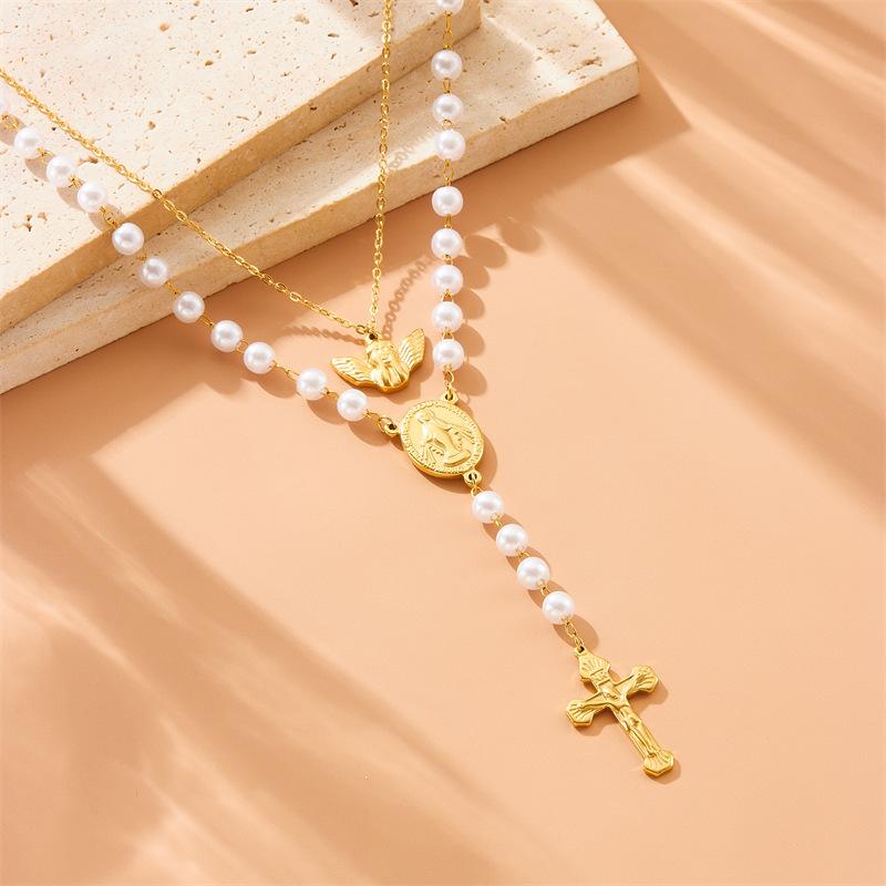 Gold Plated Double Layer Rosary Style Necklace with Cross, Virgin Mary and Angel Charms and Pearls Fashion Jewelry for Women