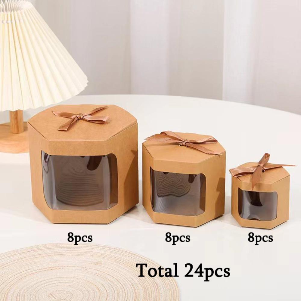 24pcs Hexagonal Party Gift Boxes with Ribbon 3 Size Kraft Paper Party Favor Boxes Folden Gift Wrap Box Display Box for Wedding Birthdays Packaging Box