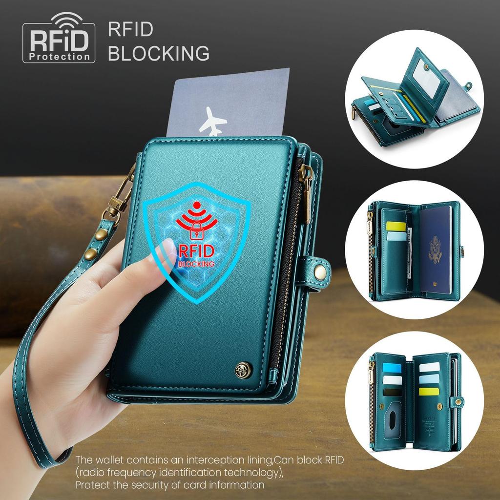 XIMAND Passport Holder Wallet Bag with 11 Card Slots and Passport Photo RFID Wristlet Travel Green Pocket, Pocket, Zippered, Blocking, Strap, Bag,