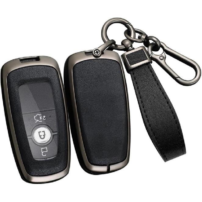 

ontto Key Fob Case Compatible with Ford 3/4/5 Buttons Key Remote,Metal and Leather Key Cover for F-150 F-250 F-350 F-450 F-550,Antiscratched Key Black Shell-black