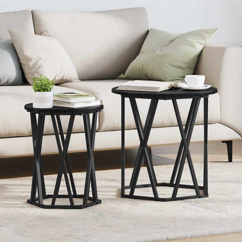 Coffee Table Set of 2 Black Oak Effect Engineered Wood and Steel