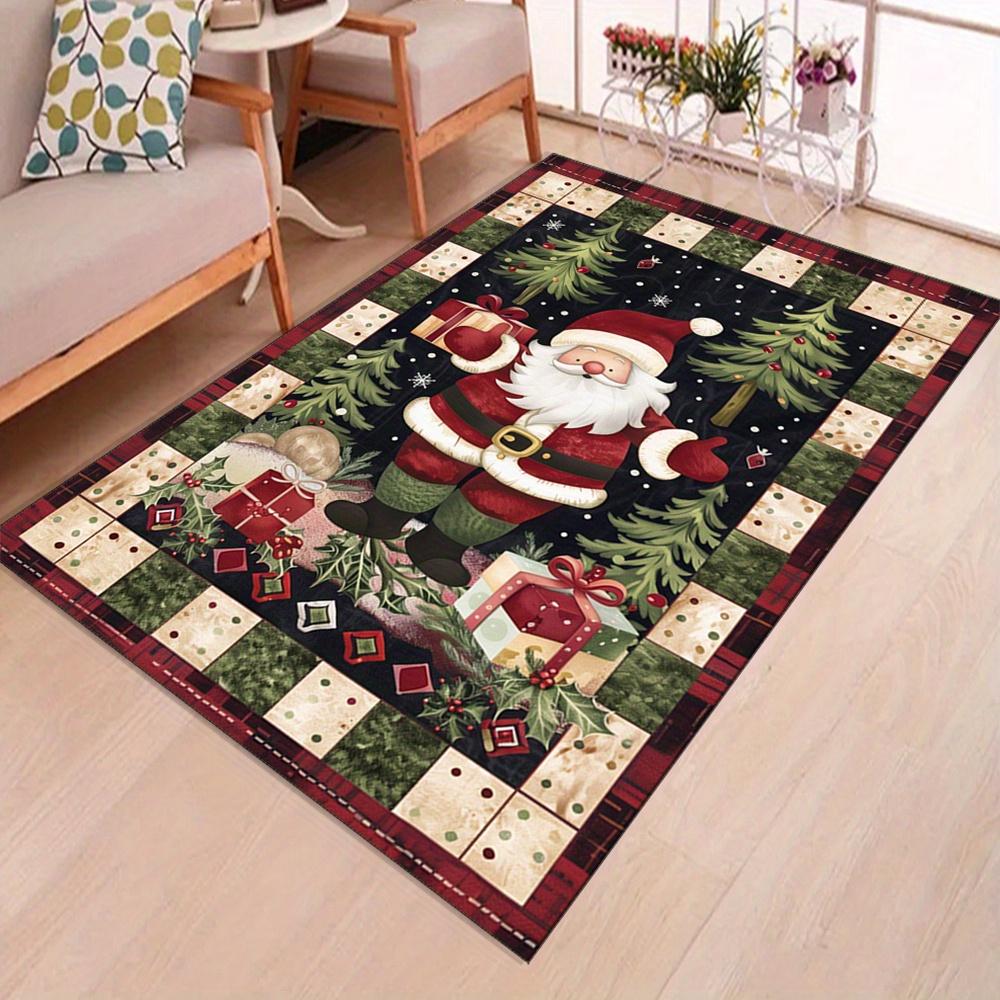 Festive Father Christmas Area Rug,  Crystal Velvet, Holiday-Themed Design with Santa Claus and Christmas Decorations, Sof