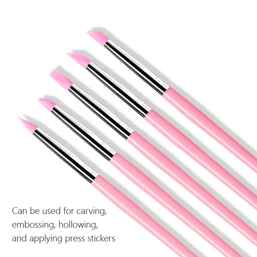 5Pcs/Set Silicone Nail Brush Carving Emboss Hollow Gel Shaping Pink Nail Art Pen DIY Dotting Manicure Tools Accessories