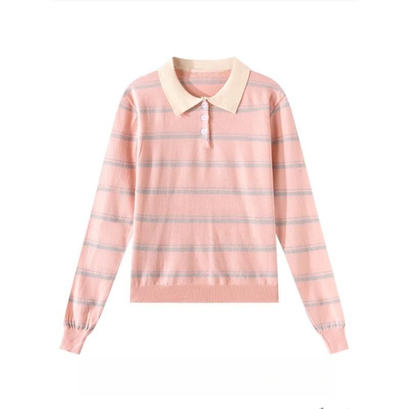 A New Design Striped Polo Neck Knitted Sweater for Women In Autumn and Winter, A Versatile, Slimming and Figure-hugging Long-sleeved Top