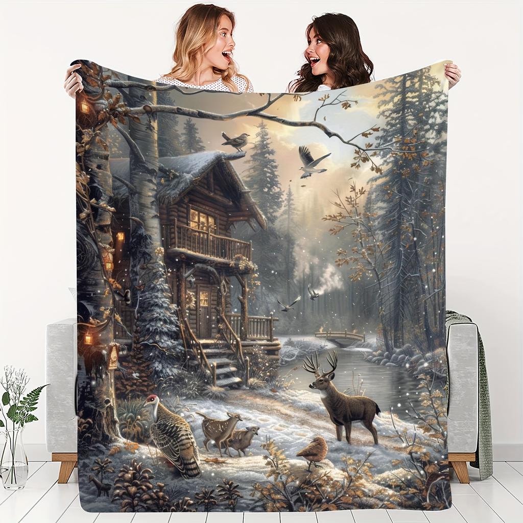 1pc Winter Forest Cabin & Wildlife Throw Blanket - Perfect Christmas & Winter Holiday Decor, Ideal Small Gift for Nature Lovers