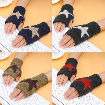 Gestrickte Handschuhe für Erwachsene Touchscreen-Fäustlinge Herren Damen Winterhandschuhe mit Pentagramm-Muster Fingerlose Handschuhe