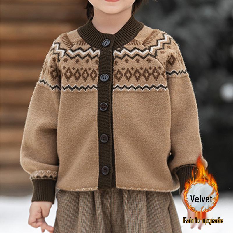 

Kids Knitted Velvet Cardigan - Trendy Korean Style for Boys & Girls, Autumn/Winter Fashion Size 120 (Height 105-115cm) коричневий
