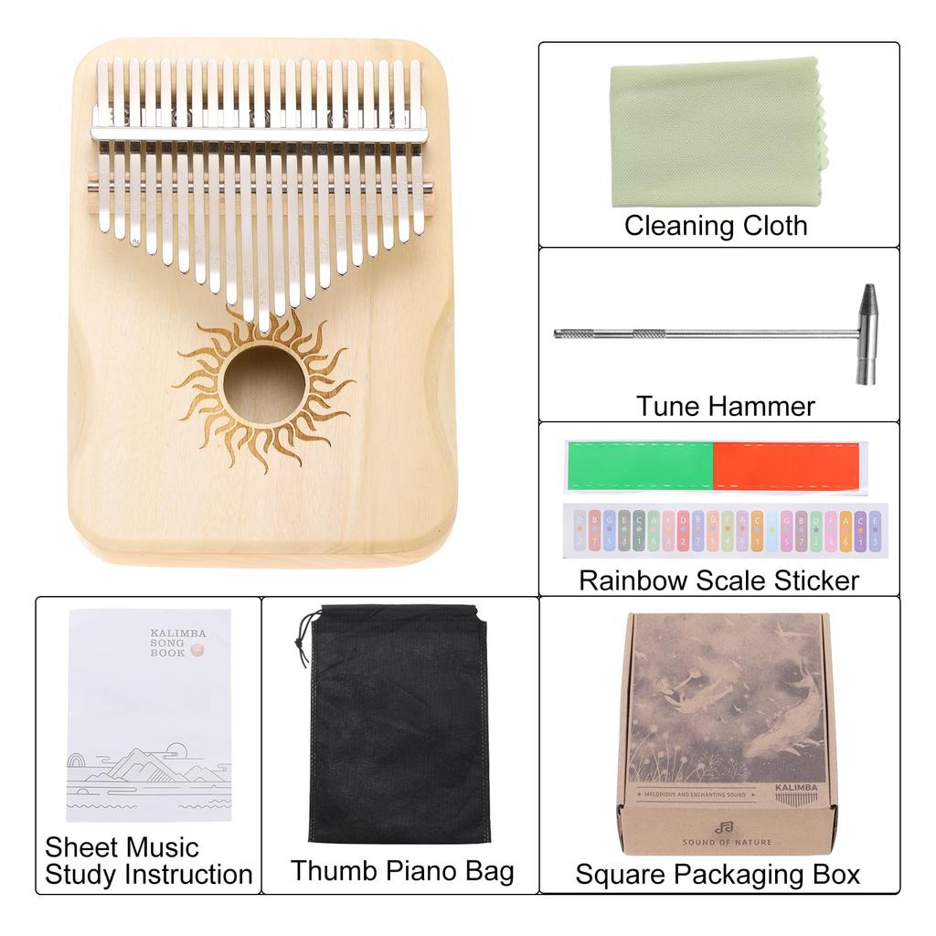 uxcell 21-Key Thumb Piano, Mini Portable Finger Piano, Maple Wood, Sun Pattern, Protective Bag, Tuning Mallet, and Music Learning Instructions,