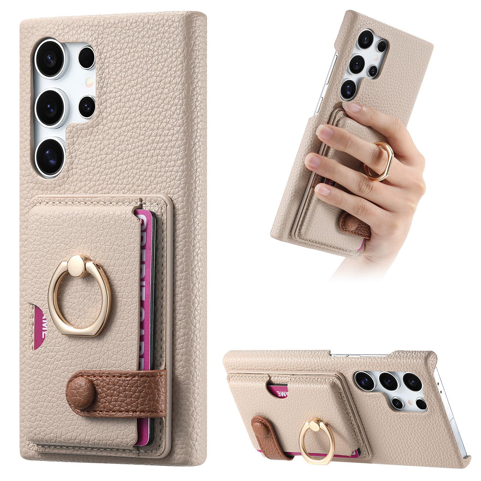 

For Samsung Galaxy S25 Ultra Leather Phone Back Cover with Card Holder and Ring Kickstand Khaki Grey