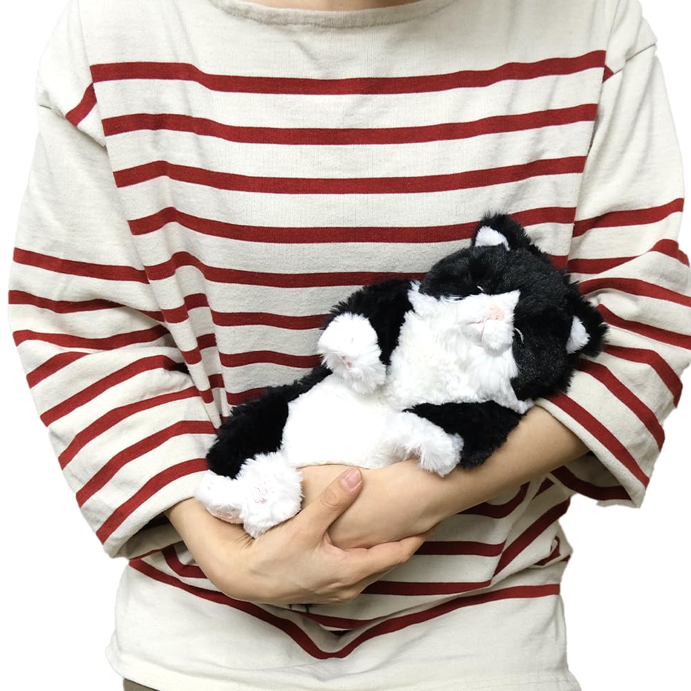 SunLemon Sleeping Lap Cat, Small, Calico, 15 x 18 x 34cm, Plush Animal, Cute Cat, White and Black, P-1393