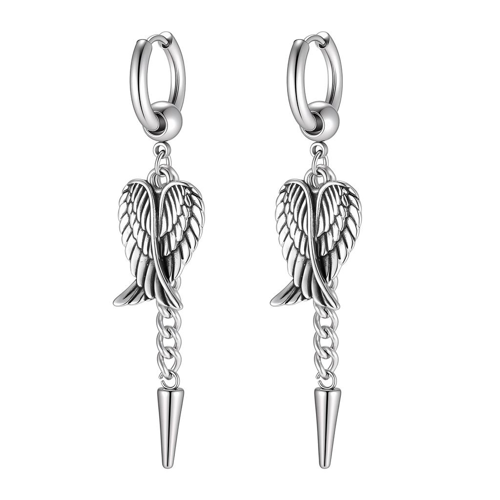 Unique Design Fashion Feather Angel Wings Rivet Tassel Drop Earrings for Men, Hip Hop Rock Stainless Steel Ear Jewelry Gift