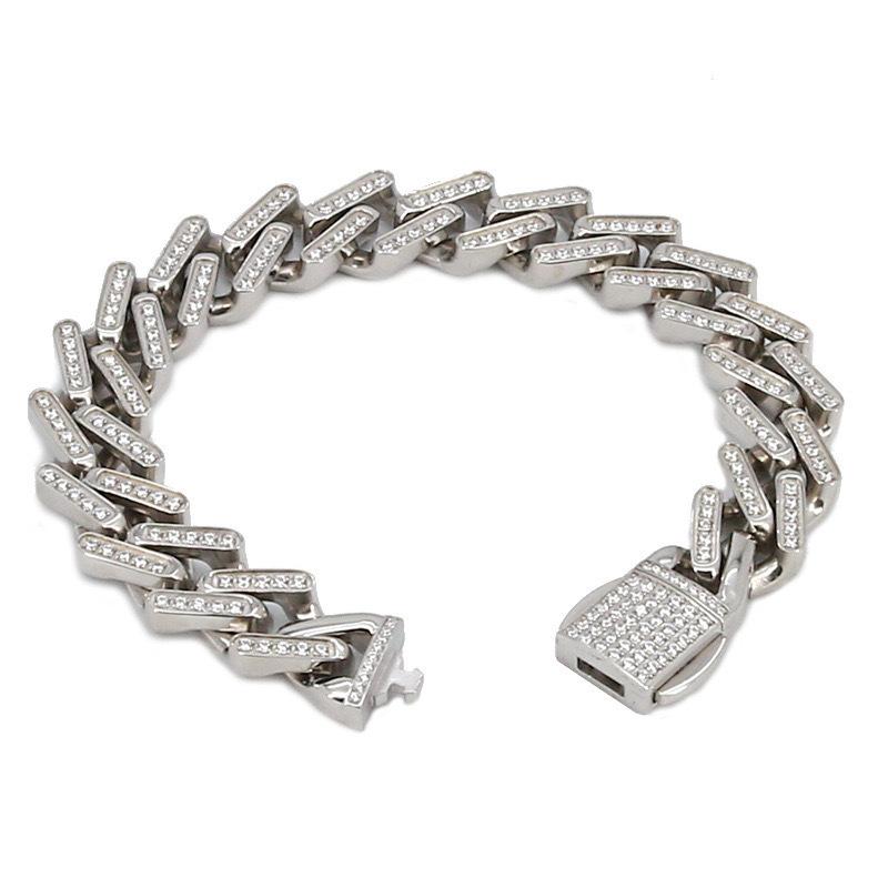 Full Diamond Cuban Chain Bracelet Dense Diamond Bracelet 316 Stainless Steel Jewelry Trend Hip Hop Heavy Industry Bracelet Chain width 14mm*22cm