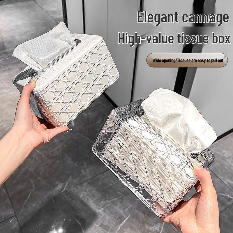 Light Luxury Rattan Tissue Box: Chic Square Design, Spring Lift, Ideal for Living Room & Bathroom Decor.