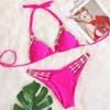 2022 Rhinestone Metal Women's Bikini - Sexy Two-Piece Solid Color Tie-Up Swimsuit for Resort Wear.