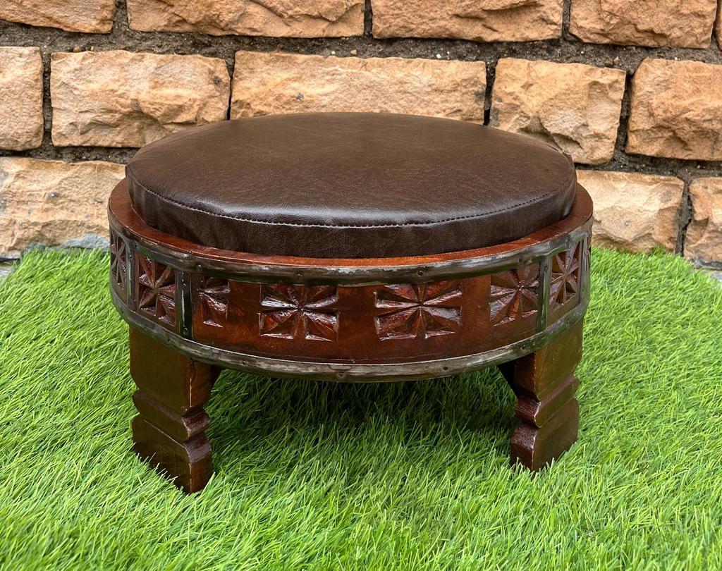 Wood Carved Sitting cushion Chakki Grinder Table- Furniture with cushion-Footstool Leather Cushion-Home Decor Style Carved Ottoman Low Stool
