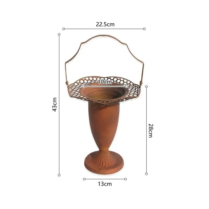 

Rust Color Handle Vases Retro Style Metal Ironwork Tall Feet Flower Pot Home Furnishings Garden Plant Decorate Ornaments