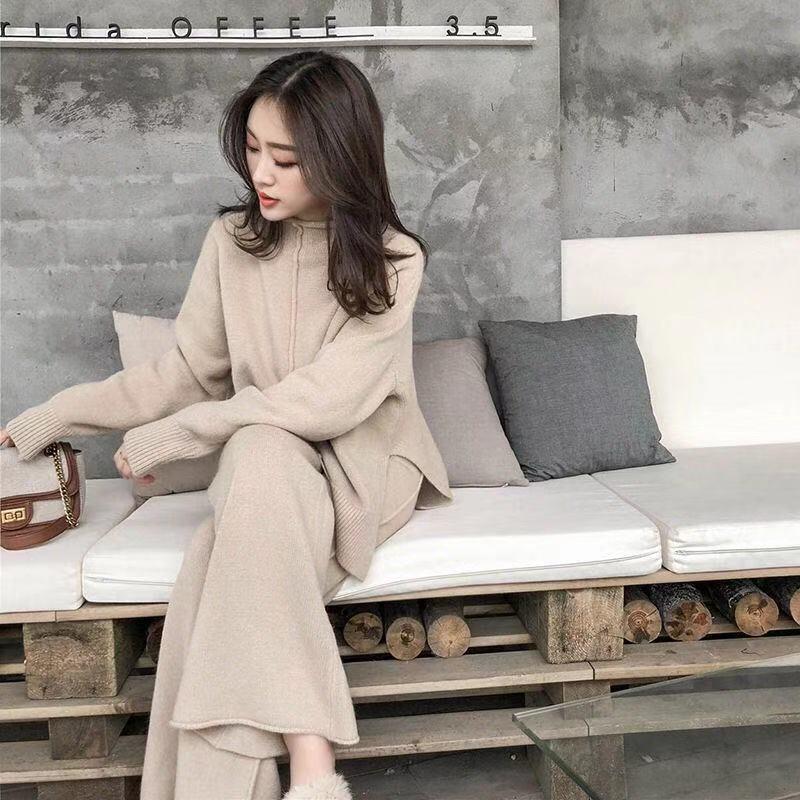 Drapey Knit Wide-Leg Pants & Cashmere Sweater Two-Piece Set for Women - Stylish Autumn/Winter 2019